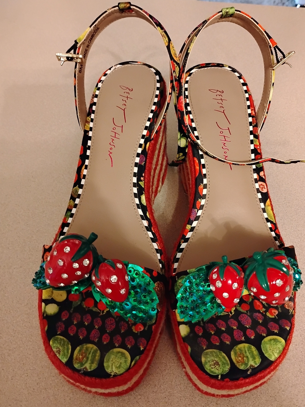 Betsey Johnson Red & Green Strawberry Embellished Wedge Sandals